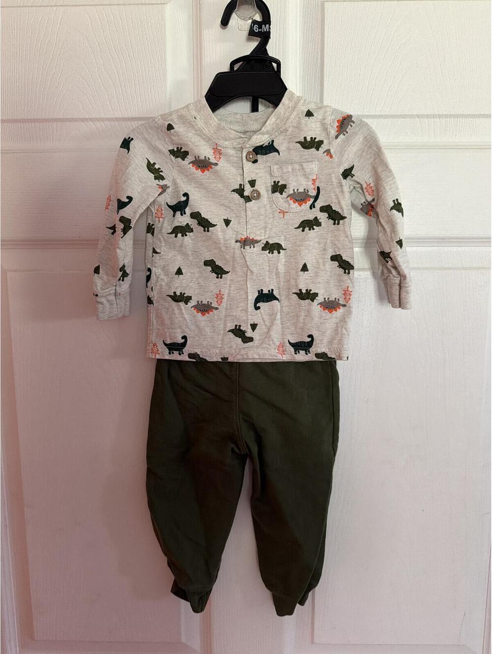 Baby Dinosaur Print Shirt and Olive Green Pants Set 6-9 Months